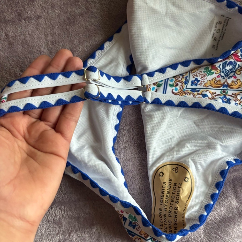 New Blue Yellow Mediterranean Tile Print Scalloped Triangle Bikini Set Large - Picture 10 of 11
